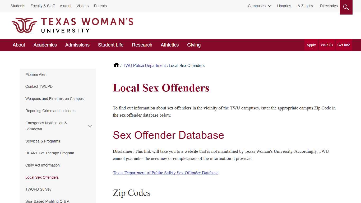 Local Sex Offenders | Texas Woman's University